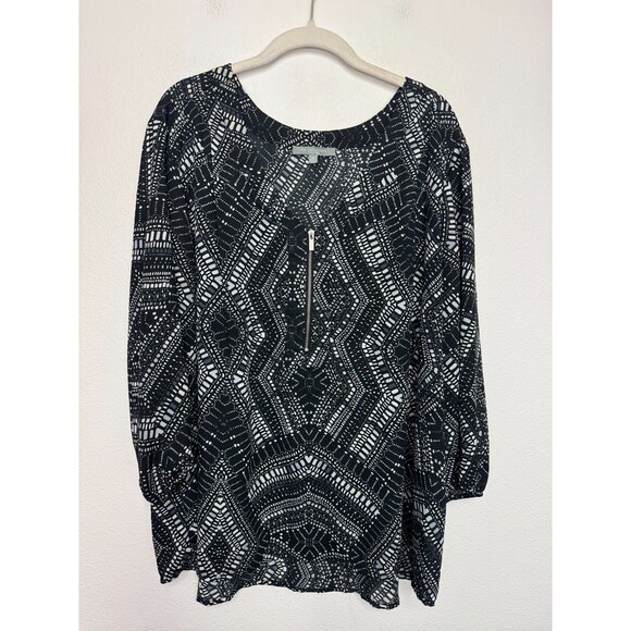 NY Collection 3X Tunic Blouse Geo Print Black Double Layer Sheer Zip Front - Picture 1 of 9